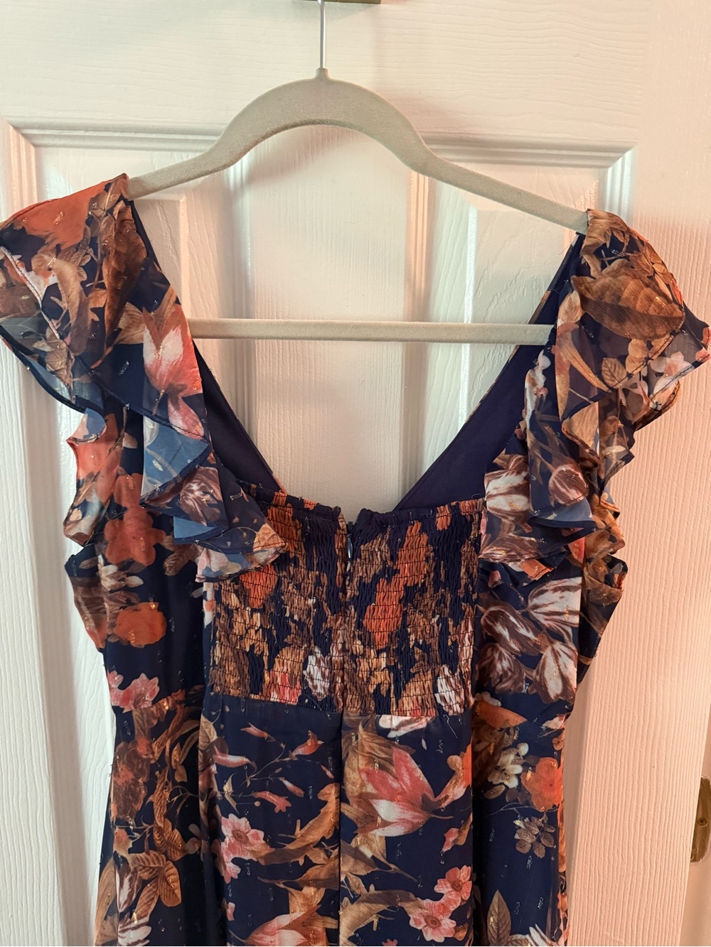 Lulu's Navy Floral High-Low Ruffle Dress with Rust and Cream Blooms - Picture 5 of 6